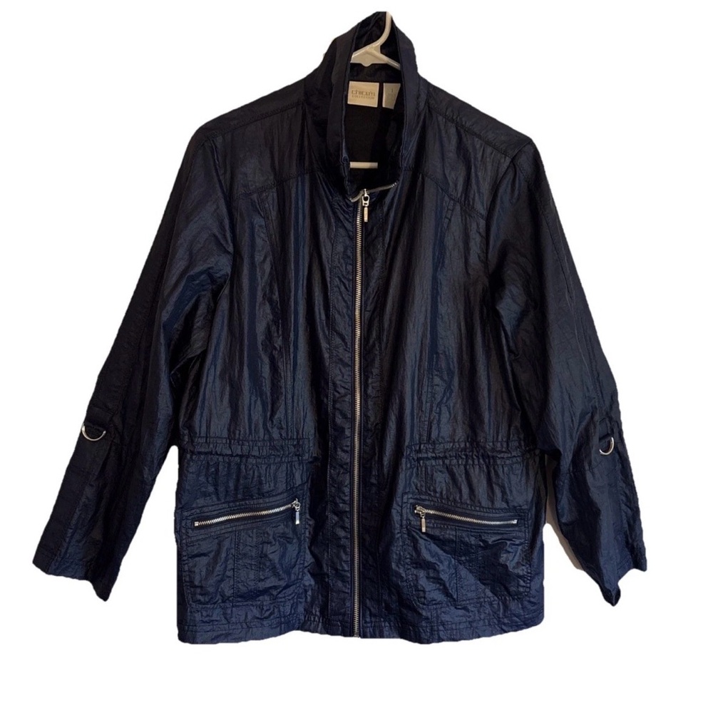 Chico's Size 1 Women’s Navy Windbreaker Jacket Zip Front & Pockets Medium 8/10